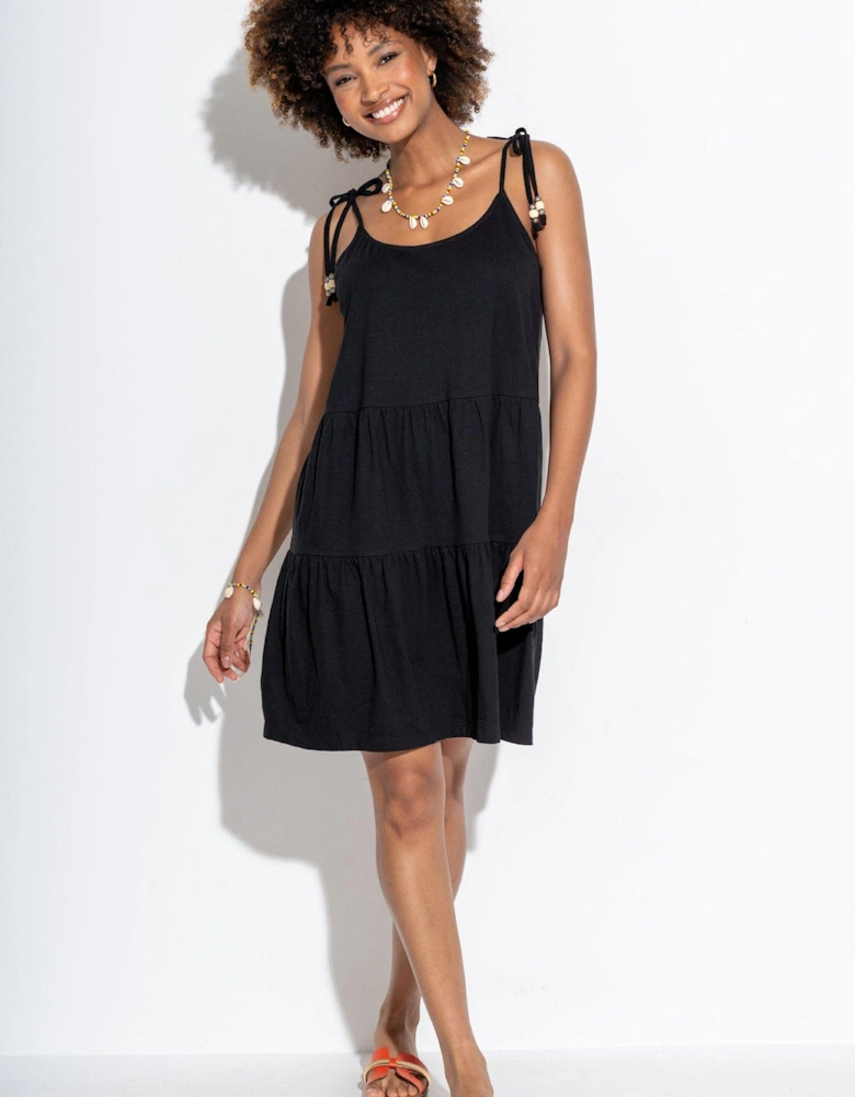 Tie Shoulder Tiered Cotton Slub Jersey Short Dress