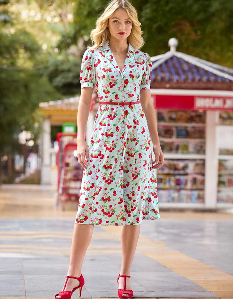 Betty Belted Vintage Cherry Print Midi Dress - Blue