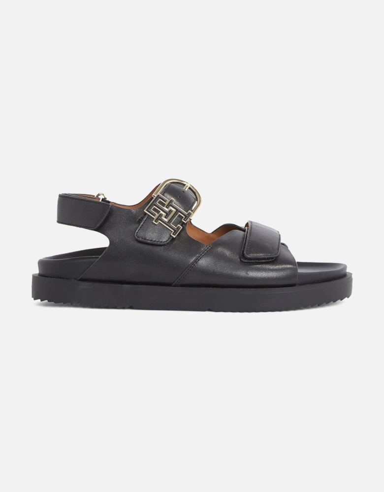 Leather Emblem Logo Sporty Sandal - Black