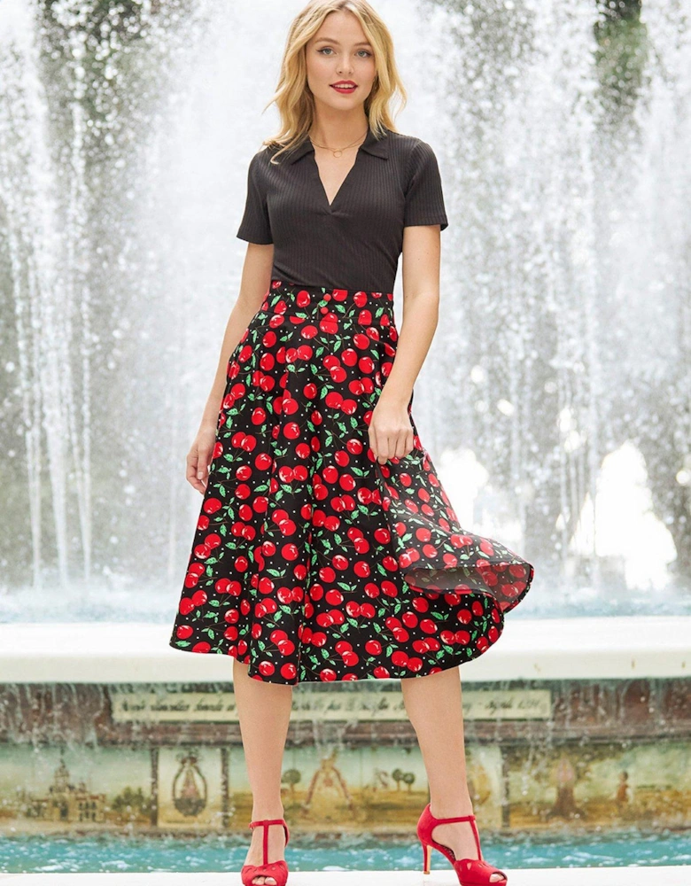 Cynthia Cherry Print Full Skirt - Black