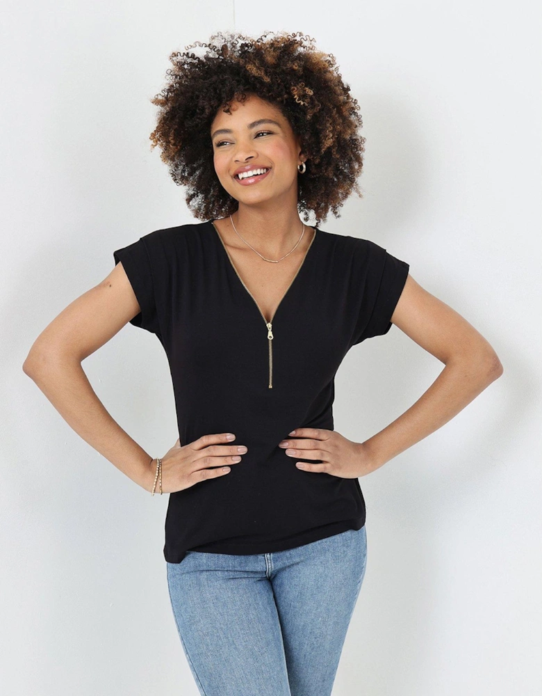 Zip It Up Cap Sleeve Jersey Top - Black