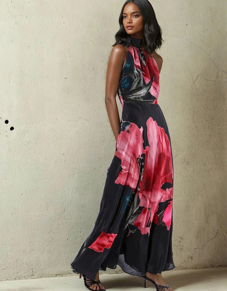 Valeria Column Maxi Dress With Large Pink Floral Print