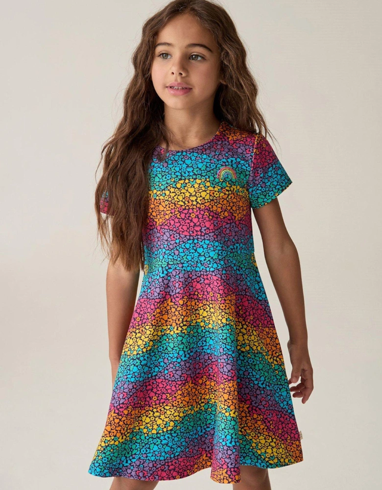 Girls Short Sleeve Colourful Skater Dress - Multi