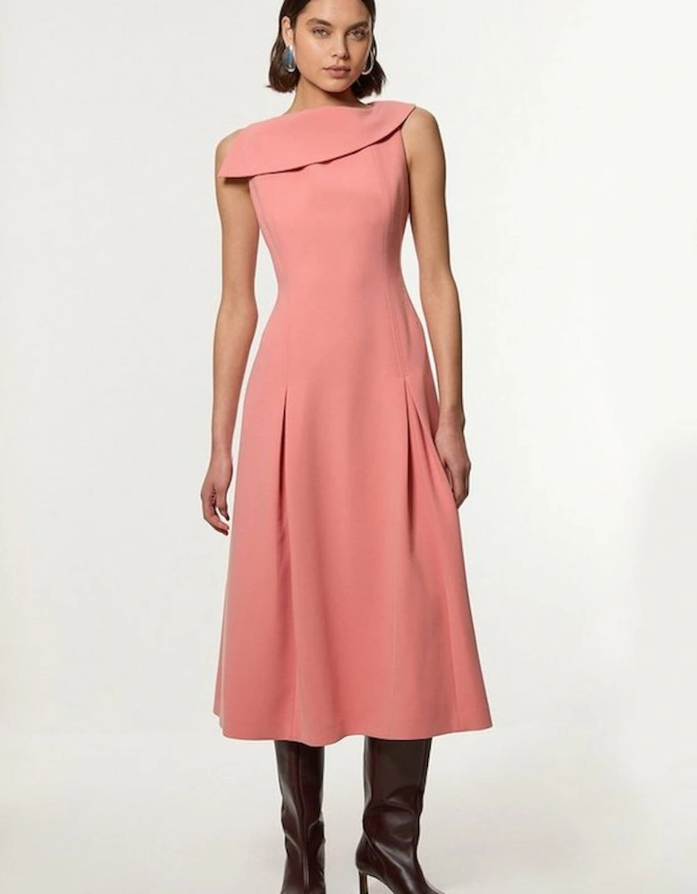 Compact Stretch Asymmetric Neck Tailored Full Skirted Dress