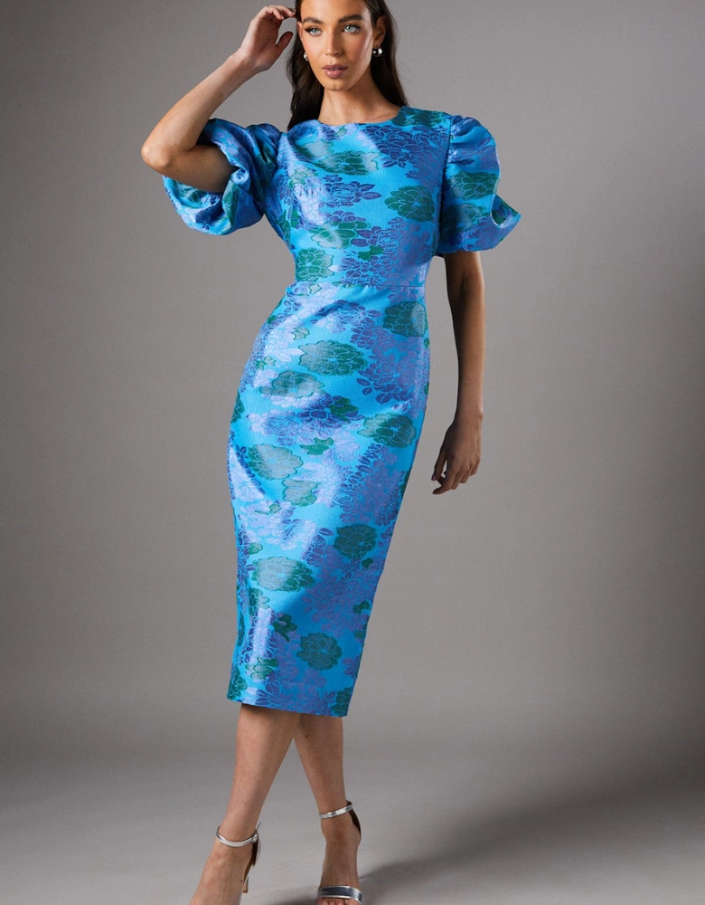 Blue Floral Puff Sleeve Midi Dress