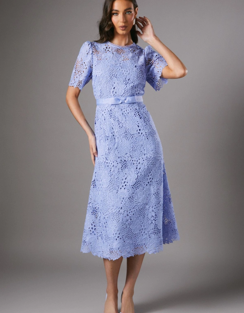 Lace Midi Dress With Bow Belt