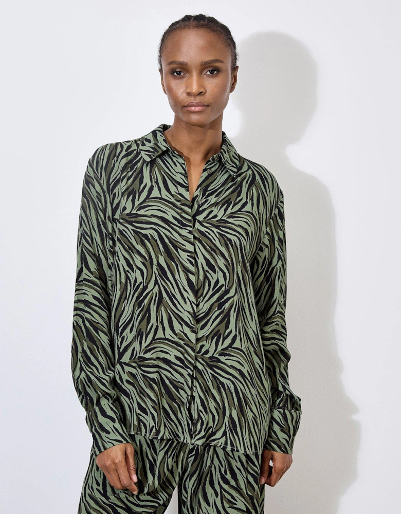 Zebra Printed High Low Shirt - Khaki