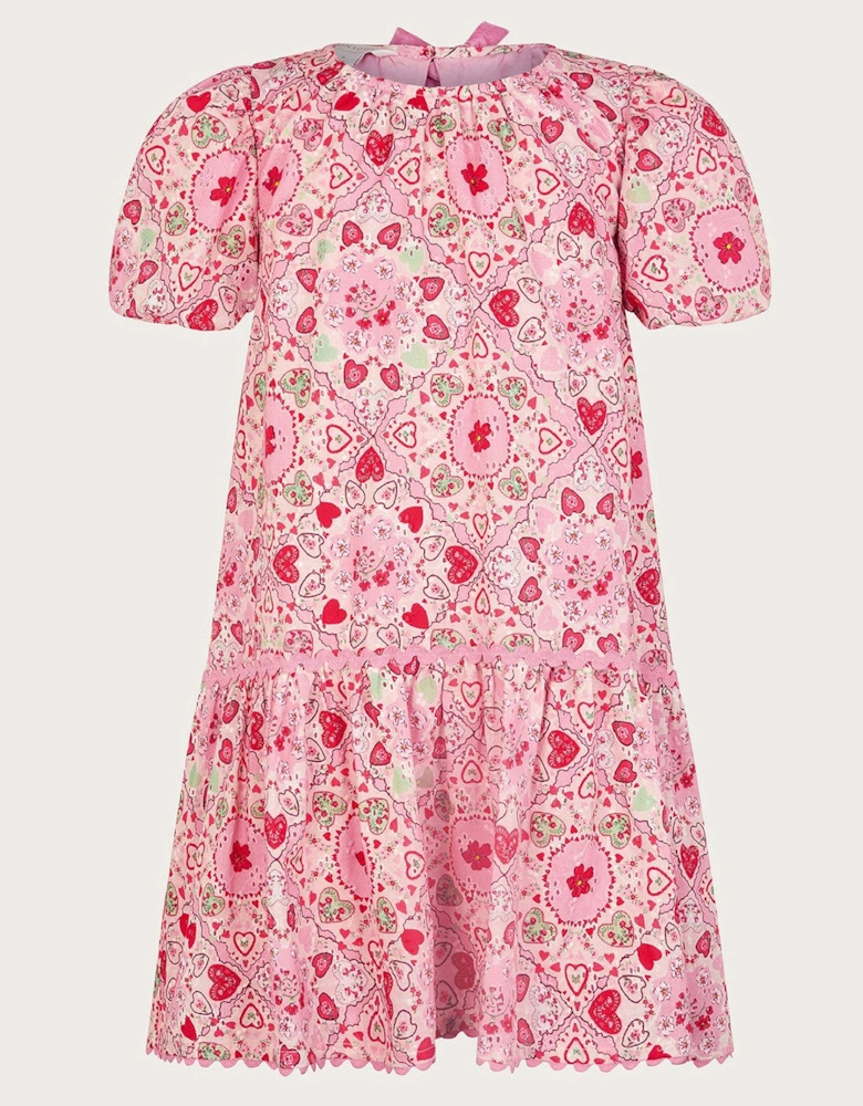 Girls Heart Print Puff Sleeve Dress - Pink