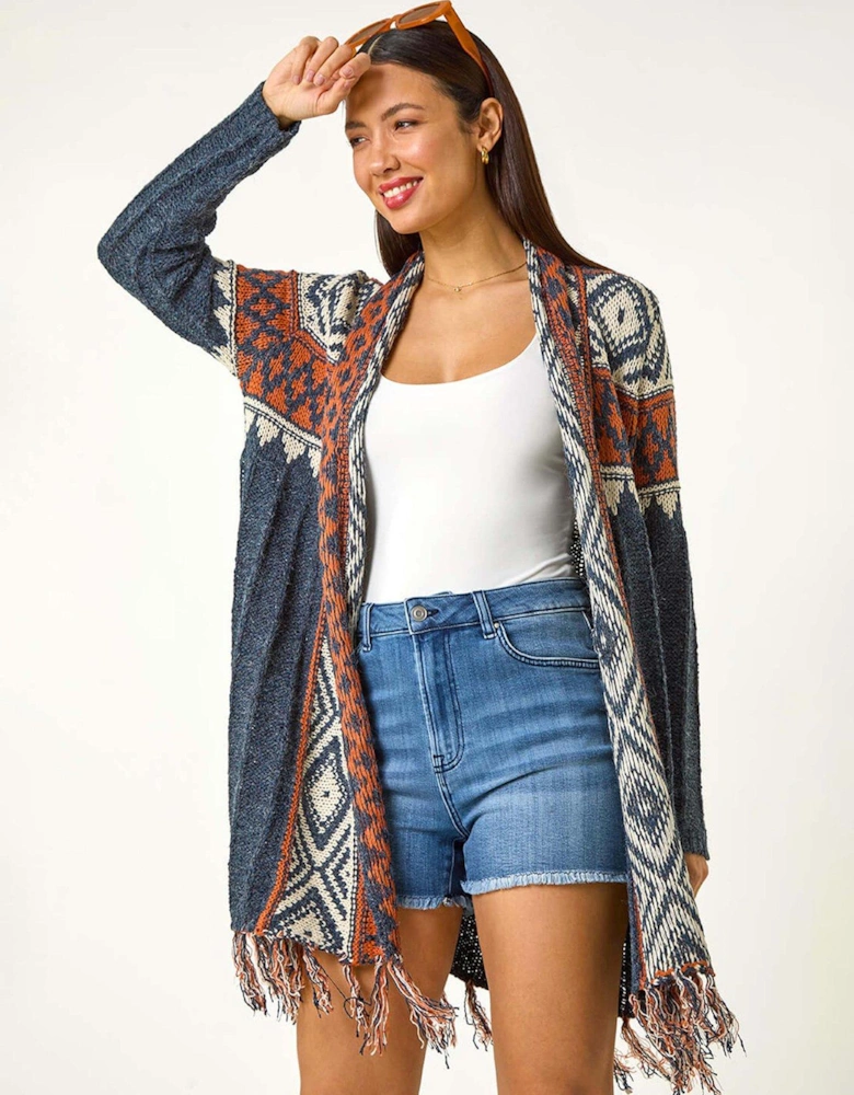 Geo Patterned Longline Fringe Cardigan - Blue