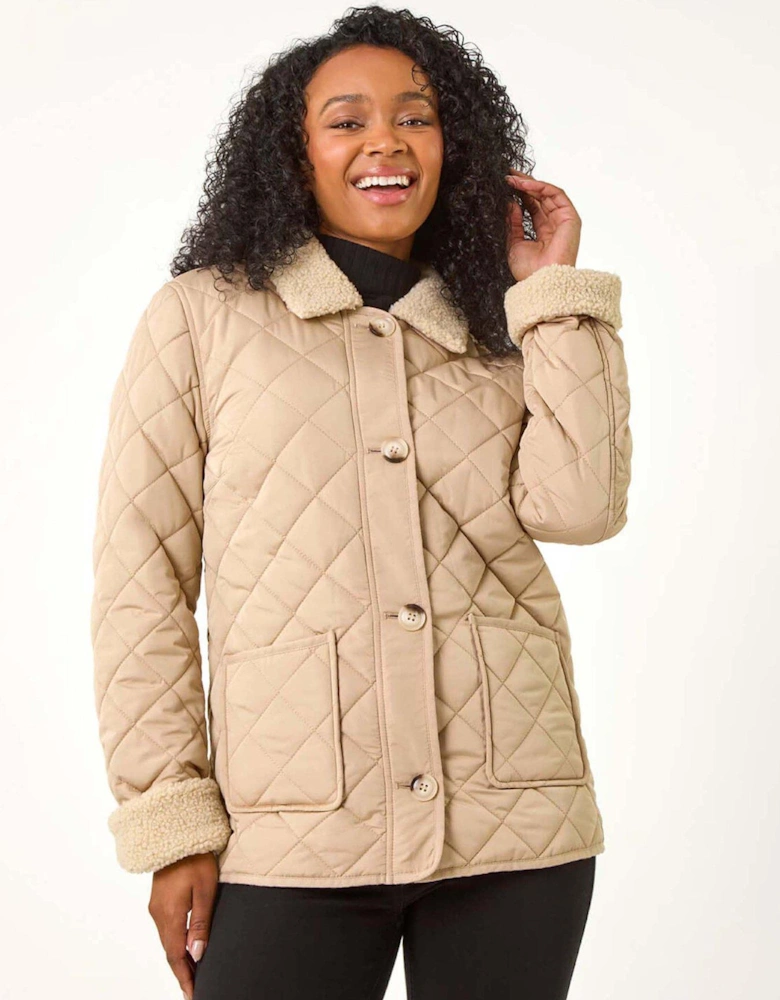 Petite Borg Contrast Padded Coat - Beige