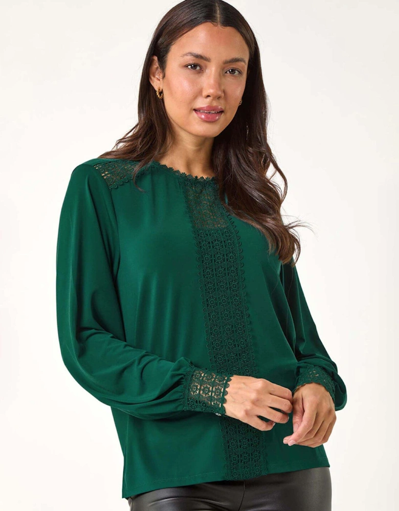 Lace Trim Detail Stretch Top - Green