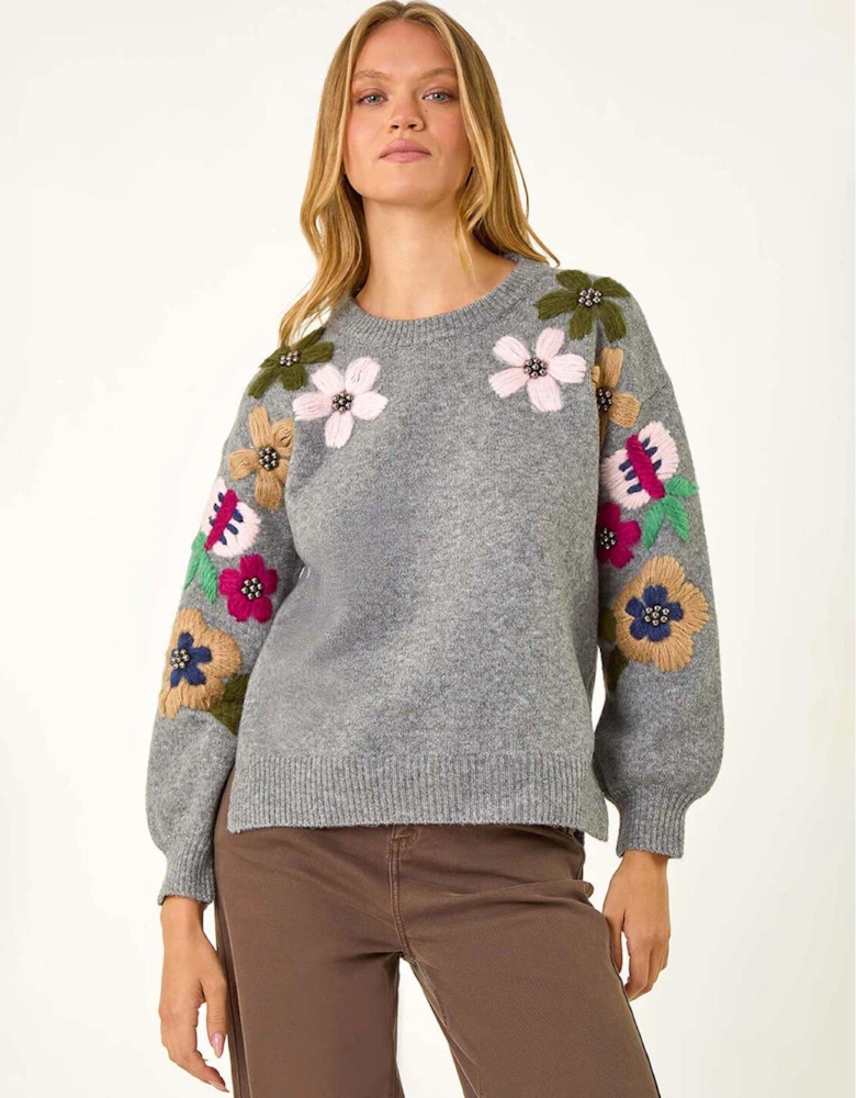 Floral Embellished Jumper - Grey