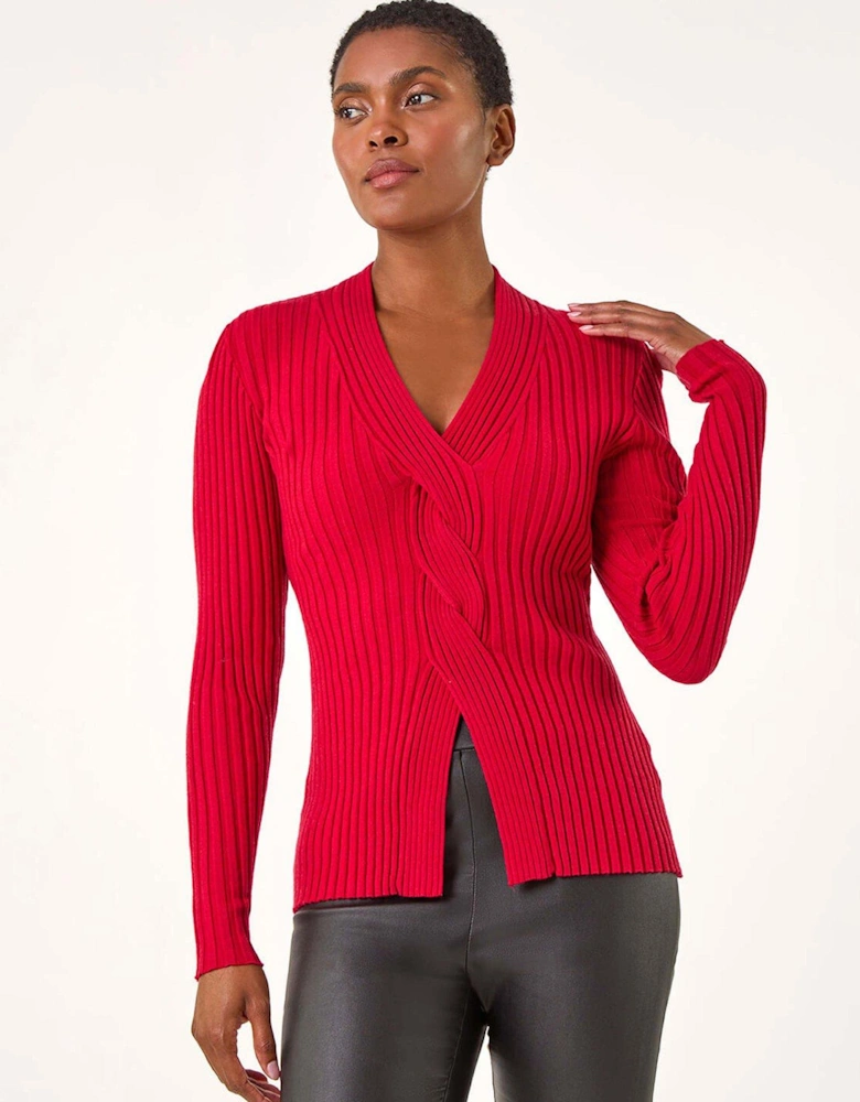 Cable Split Detail Rib Jumper - Red