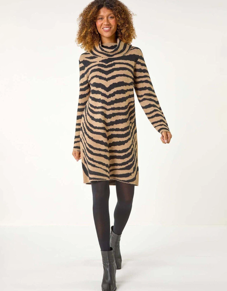 Zebra Print Jacquard Knit Dress - Beige