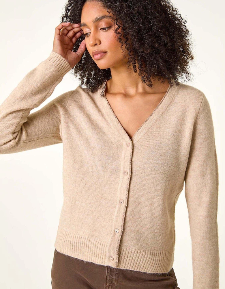 Shimmer V-neck Ribbed Cardigan - Beige