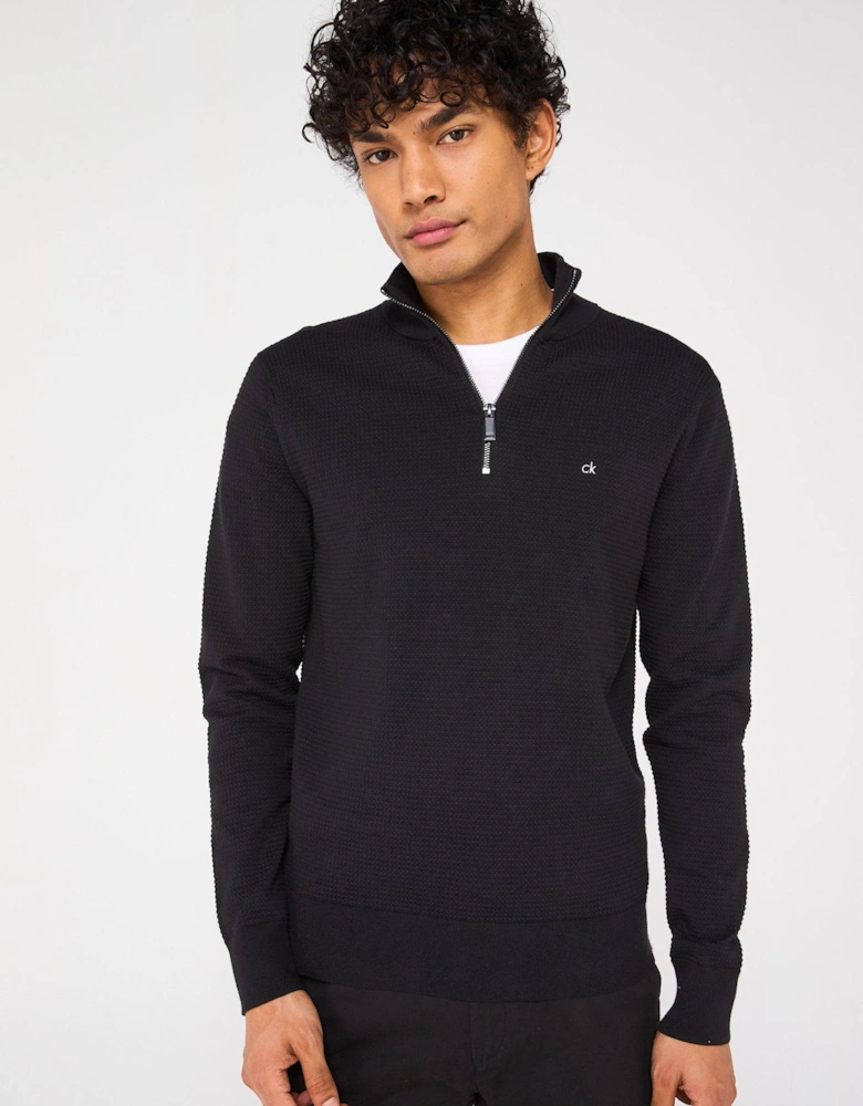 Waffle Texture Quarter Zip Knitted Jumper - Black