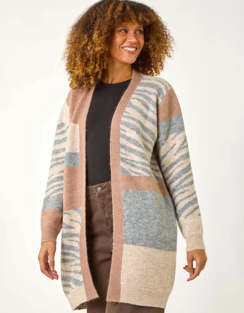 Colour Block Animal Print Knit Cardigan - Beige