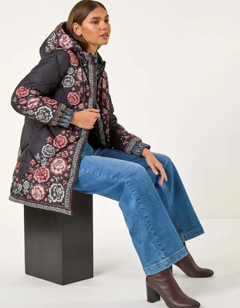 Floral Print Quilted Hooded Coat - Black