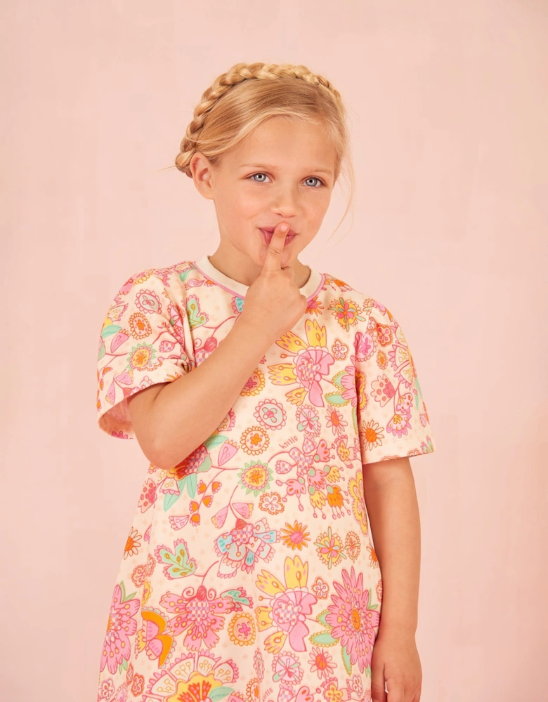 Girls Pink Multi Flower Sweatshirt Dress