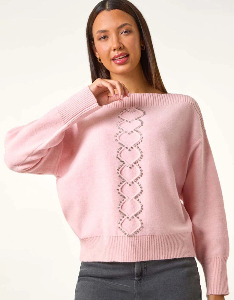 Boat Neck Embellished Jumper - Pink