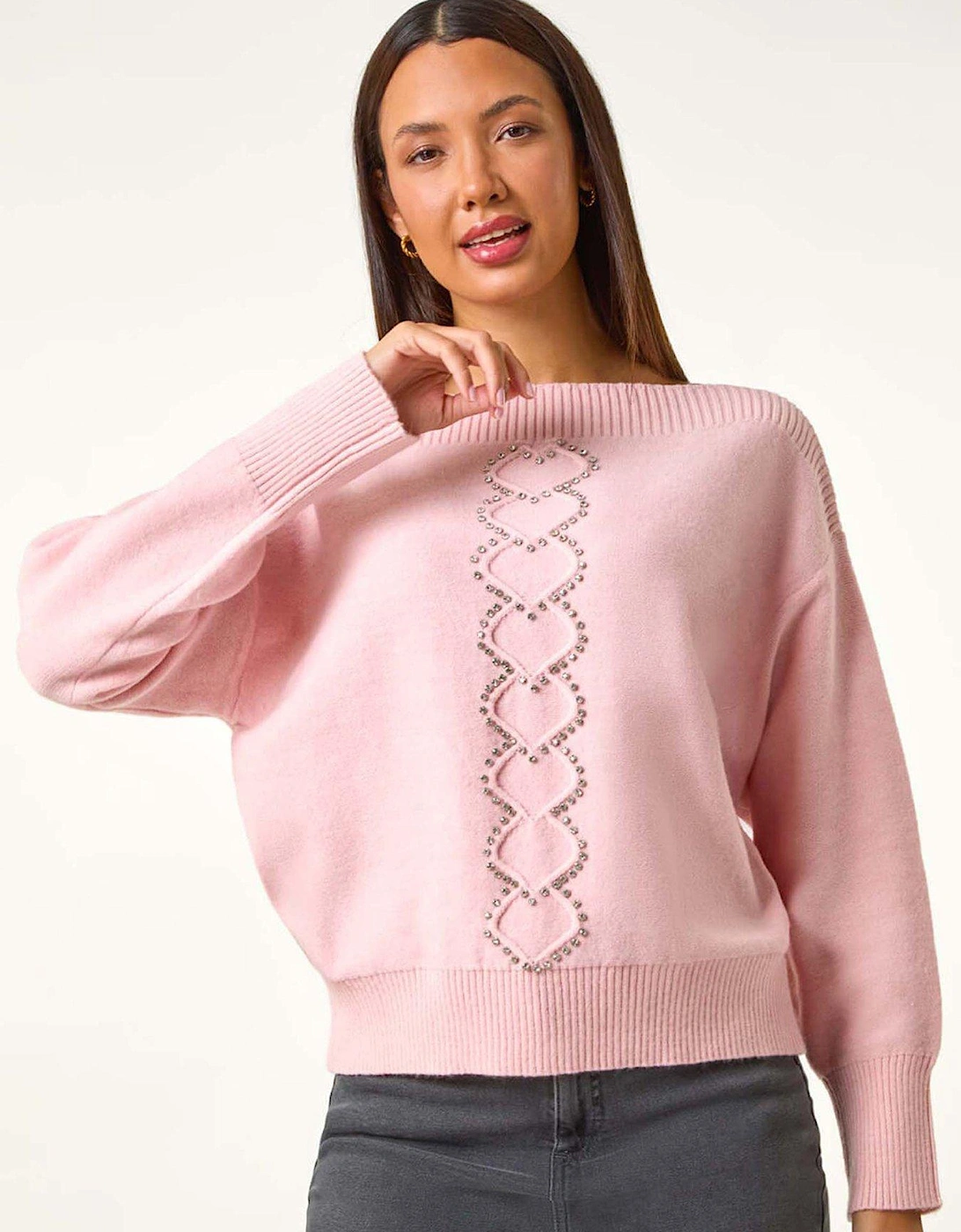 Boat Neck Embellished Jumper - Pink, 2 of 1