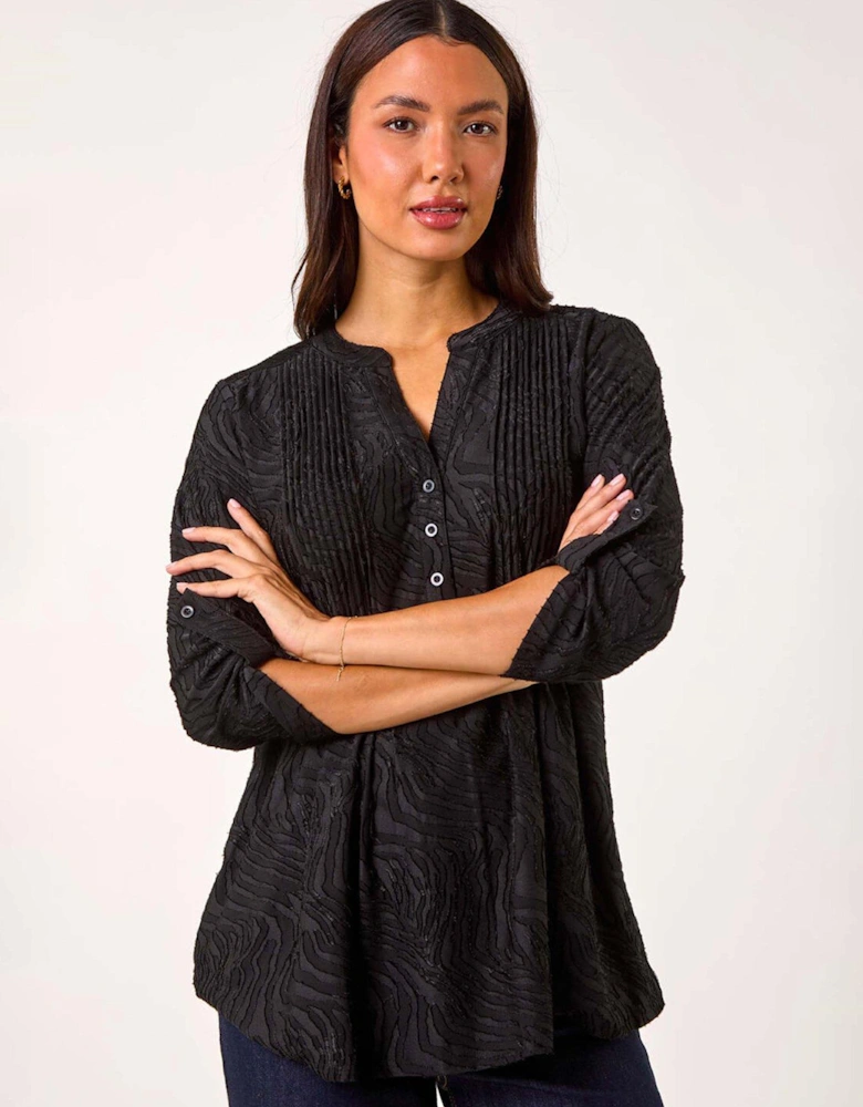 Textured Pintuck Pleat Stretch Shirt - Black