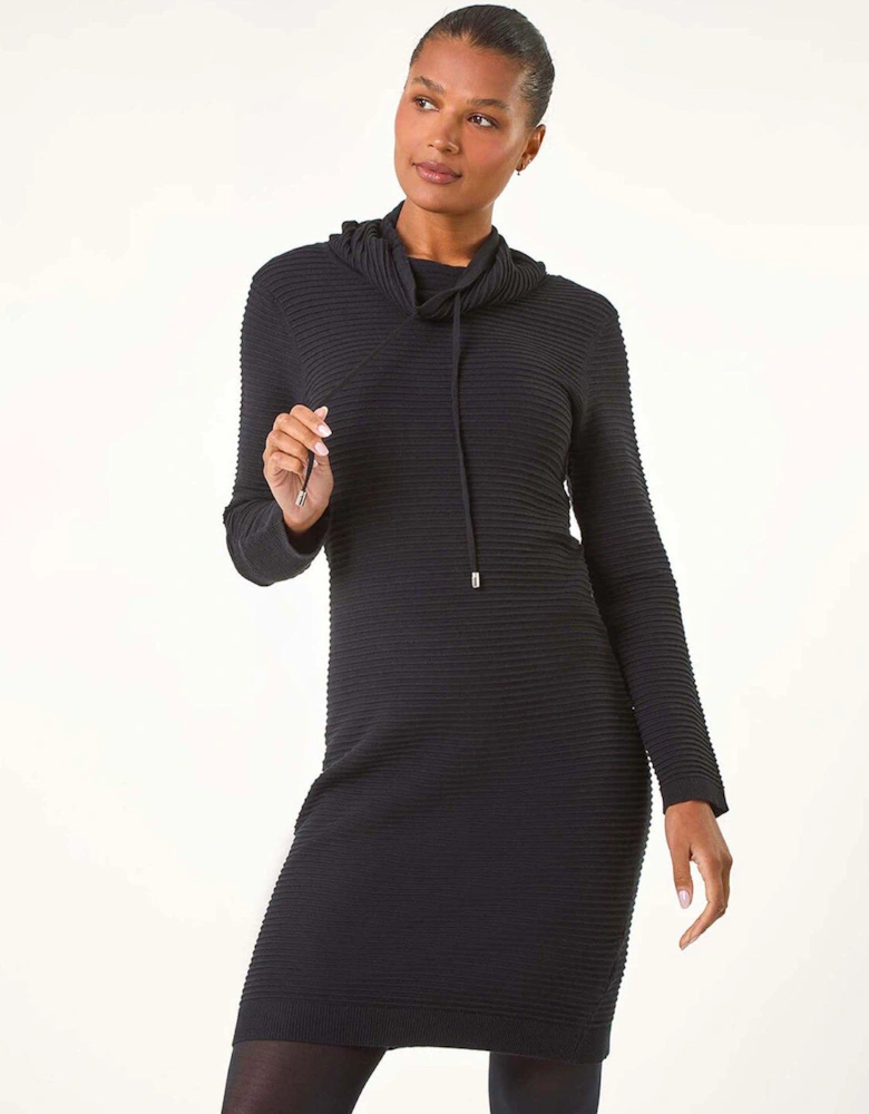 Ribbed Cowl Neck Jumper Dress - Black