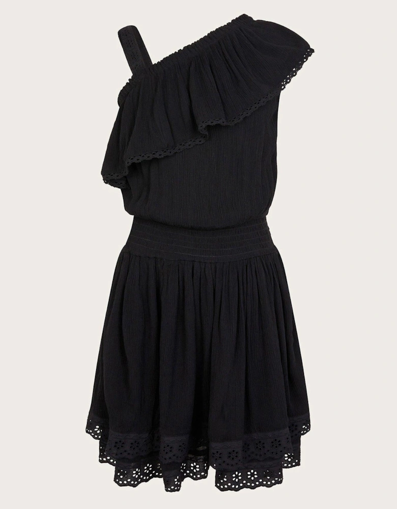 Girls Asymmetrical Broderie Frill Dress - Black