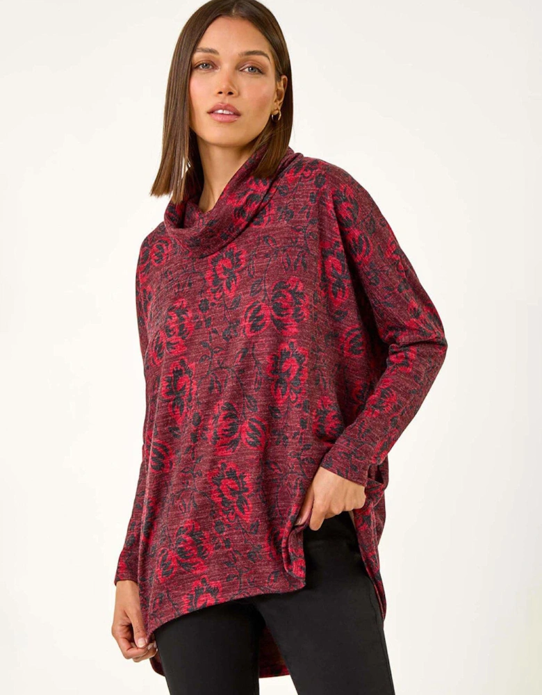 Aztec Print Relaxed Cowl Neck Stretch Top - Red