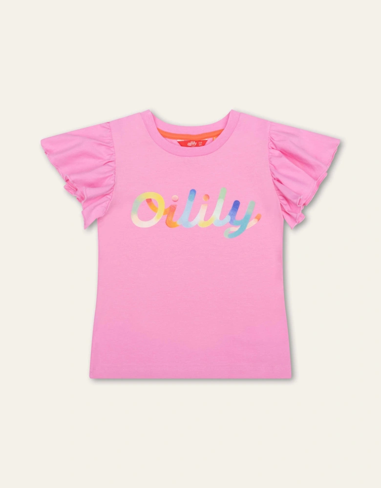 Girls Pink Multi Logo Frill Sleeve T-Shirt