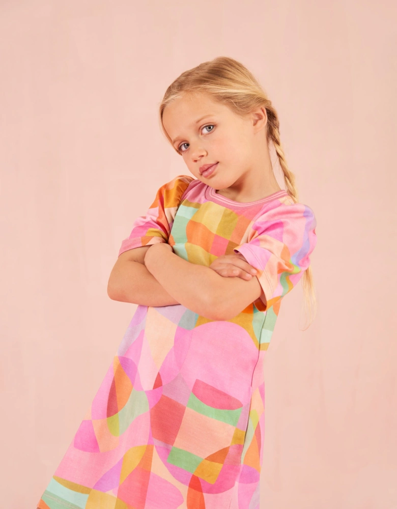 Girls Pink Multi Abstract Sweatshirt Dress