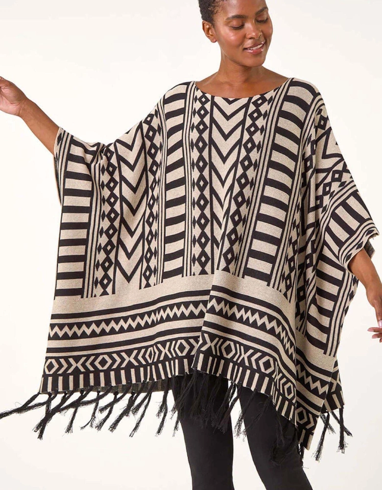 Tribal Pattern Fringe Poncho Jumper - Black