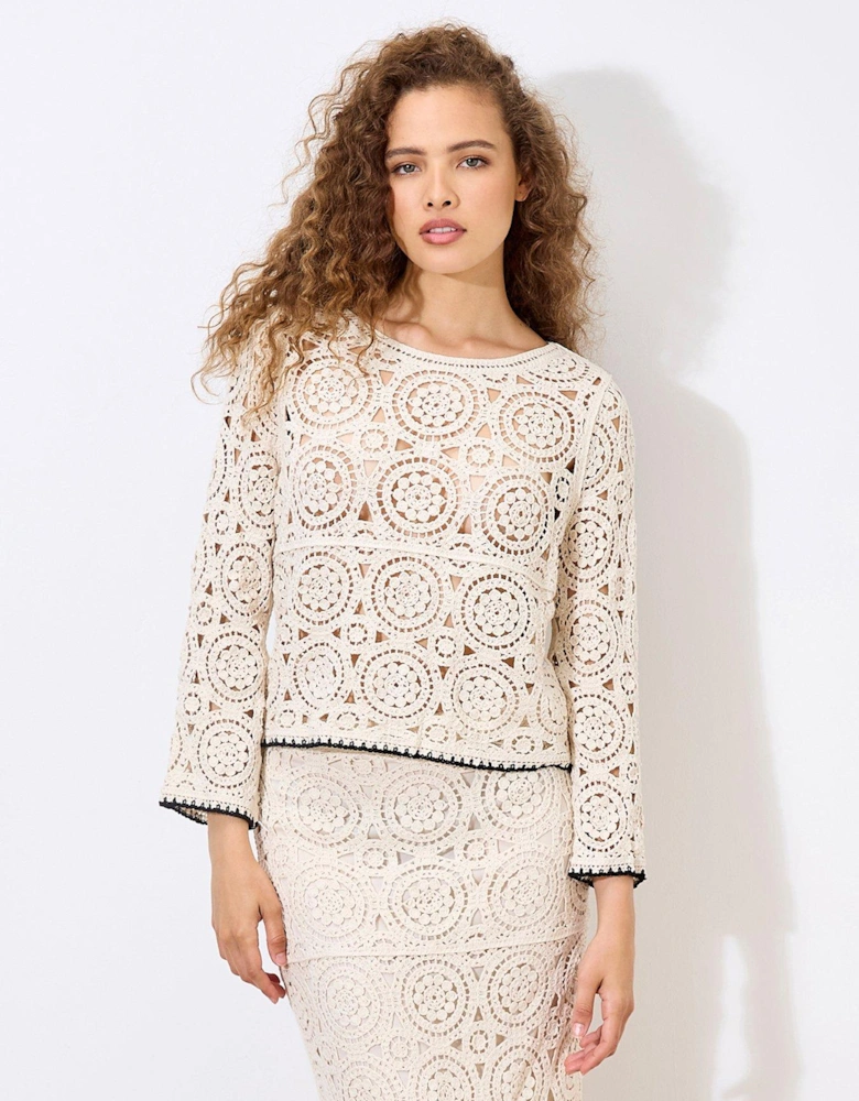 Circles Bell Sleeve Crochet Top - Stone