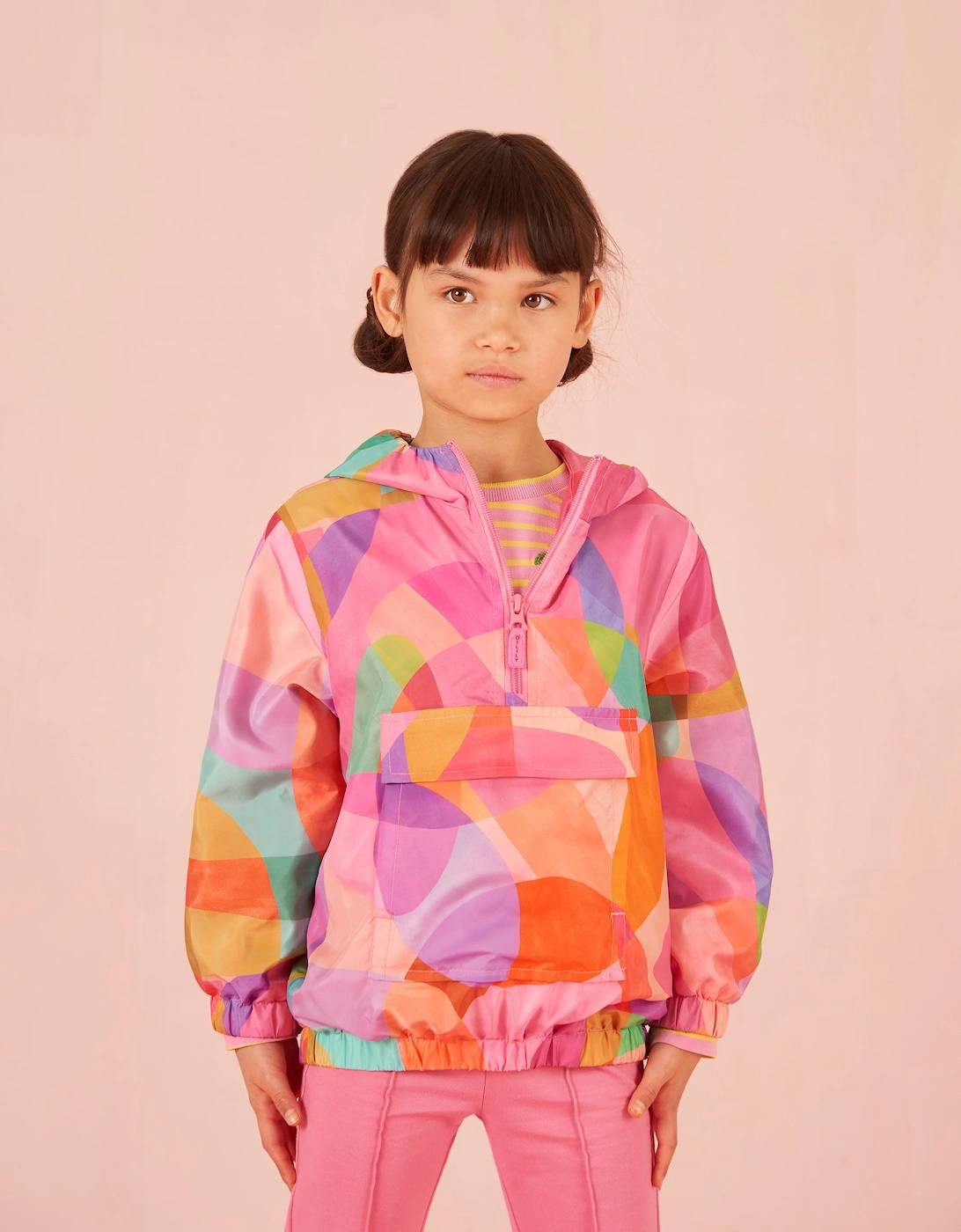 Girls Pink Multi Abstract Quarter Zip Windbreaker Jacket