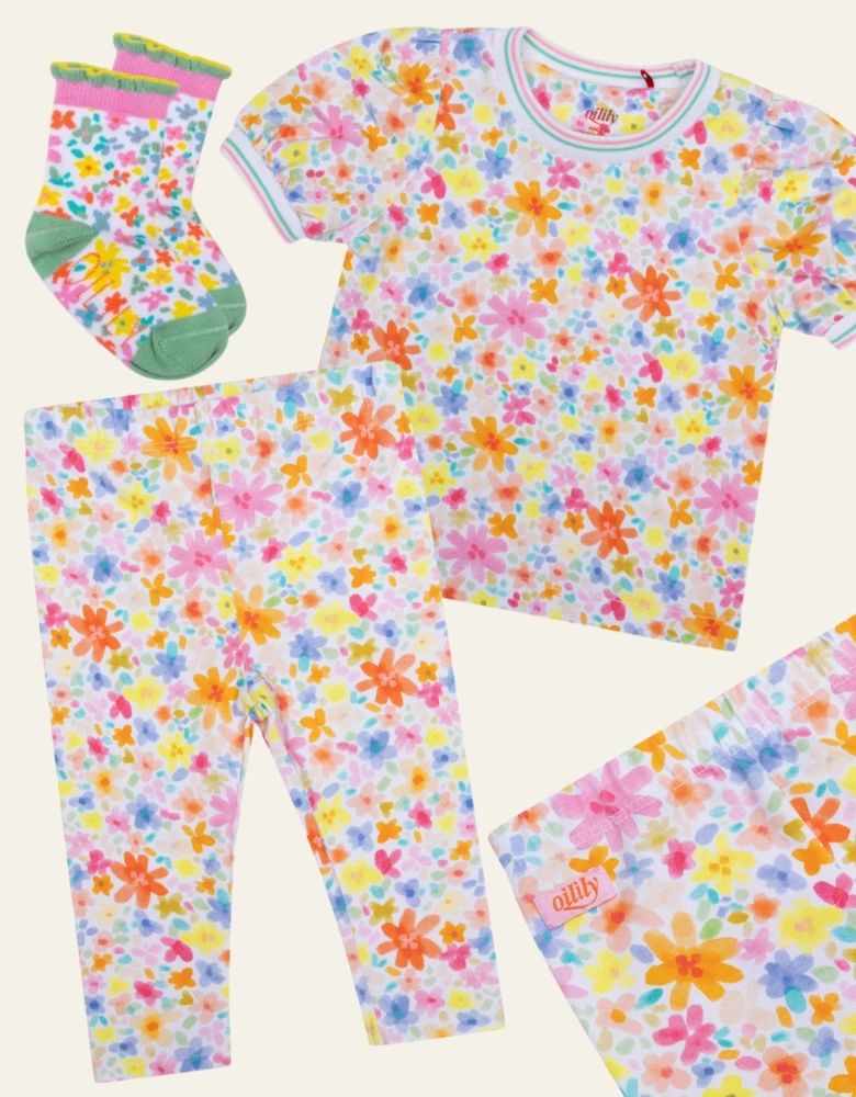 Girls White Multi Flower Print Leggings