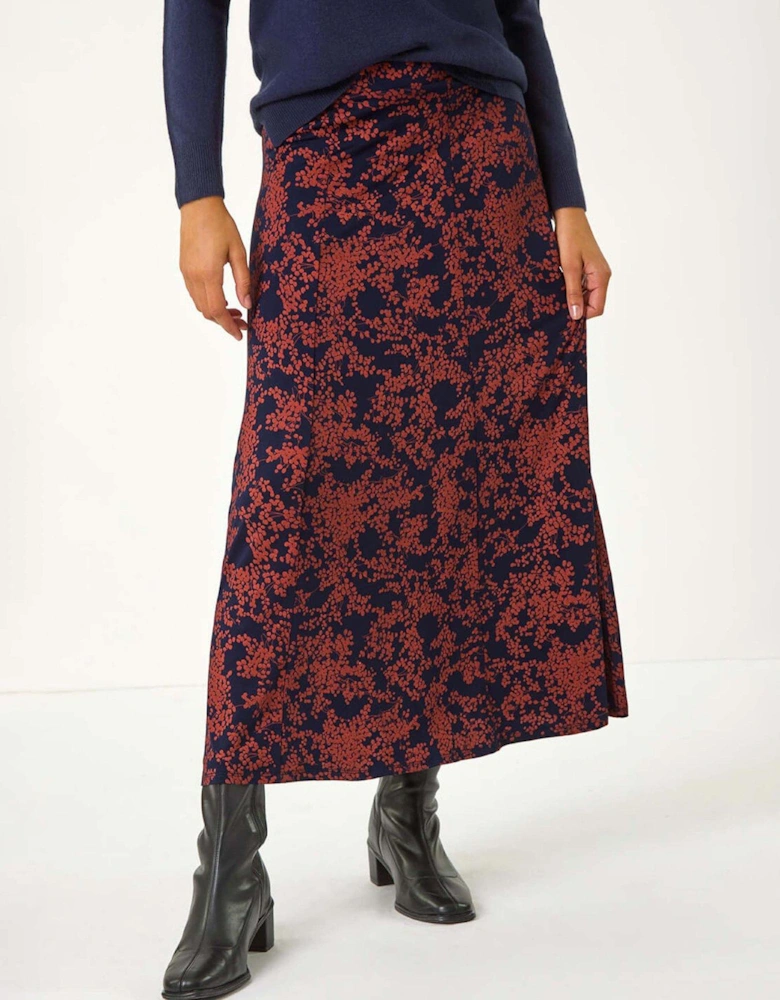 Foliage Floral Print Stretch Midi Skirt - Navy