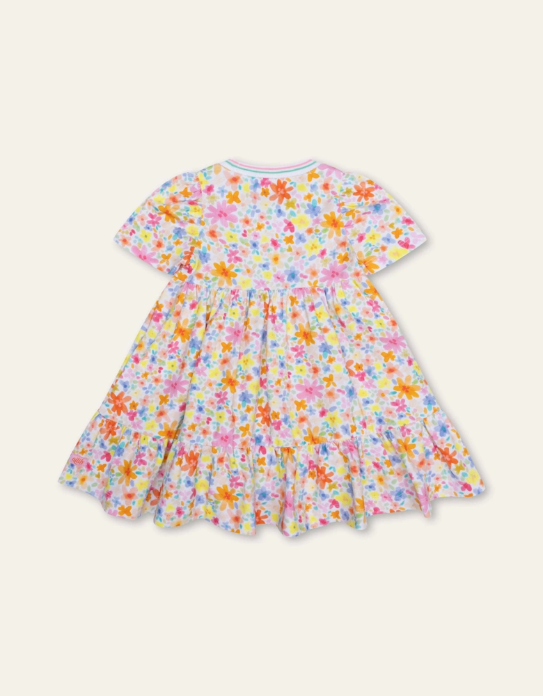 Girls White Multi Flower Print Dress