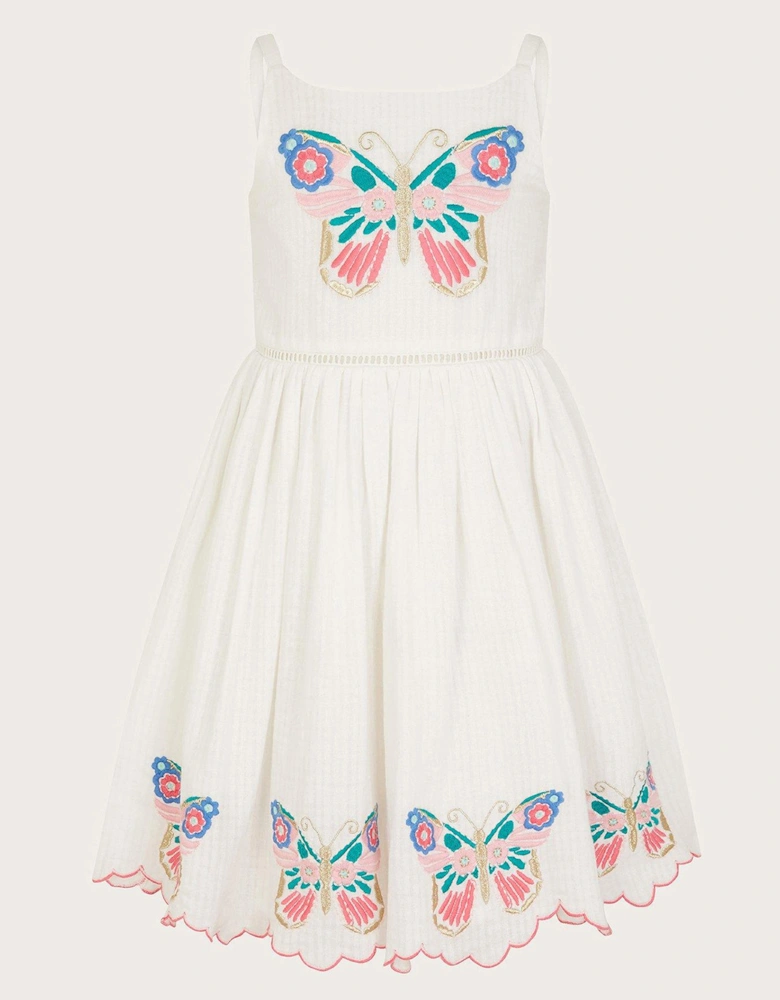 Girls Butterfly Embroidered Cotton Dress - Light Cream