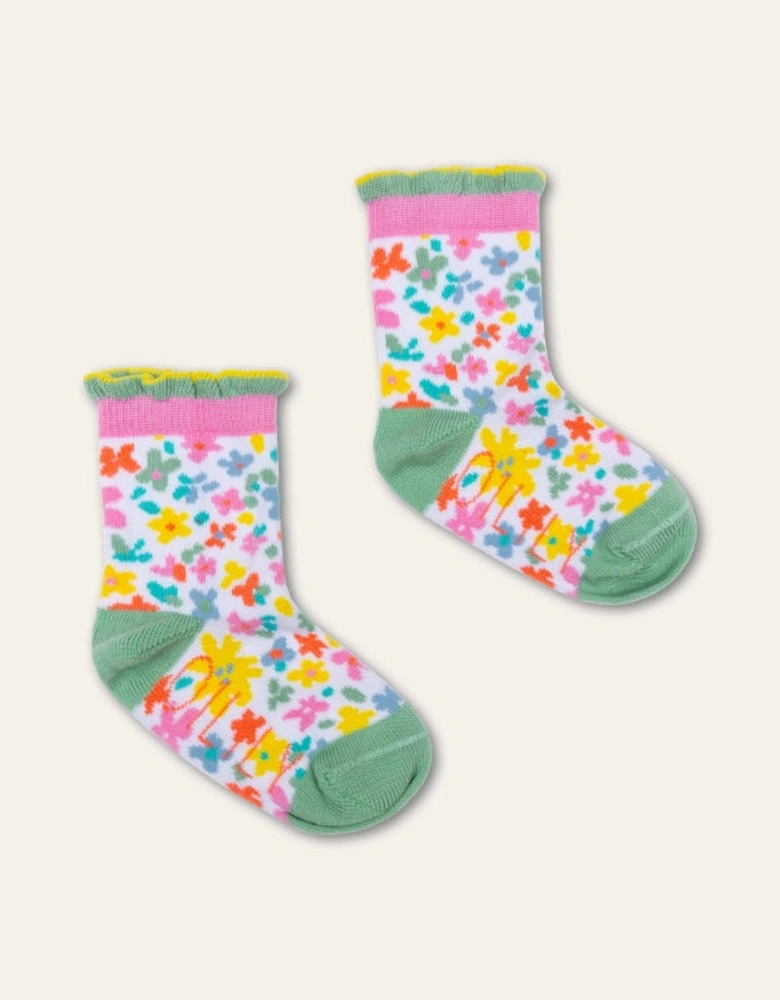 Girls White Flower Print Frilly Anke Socks