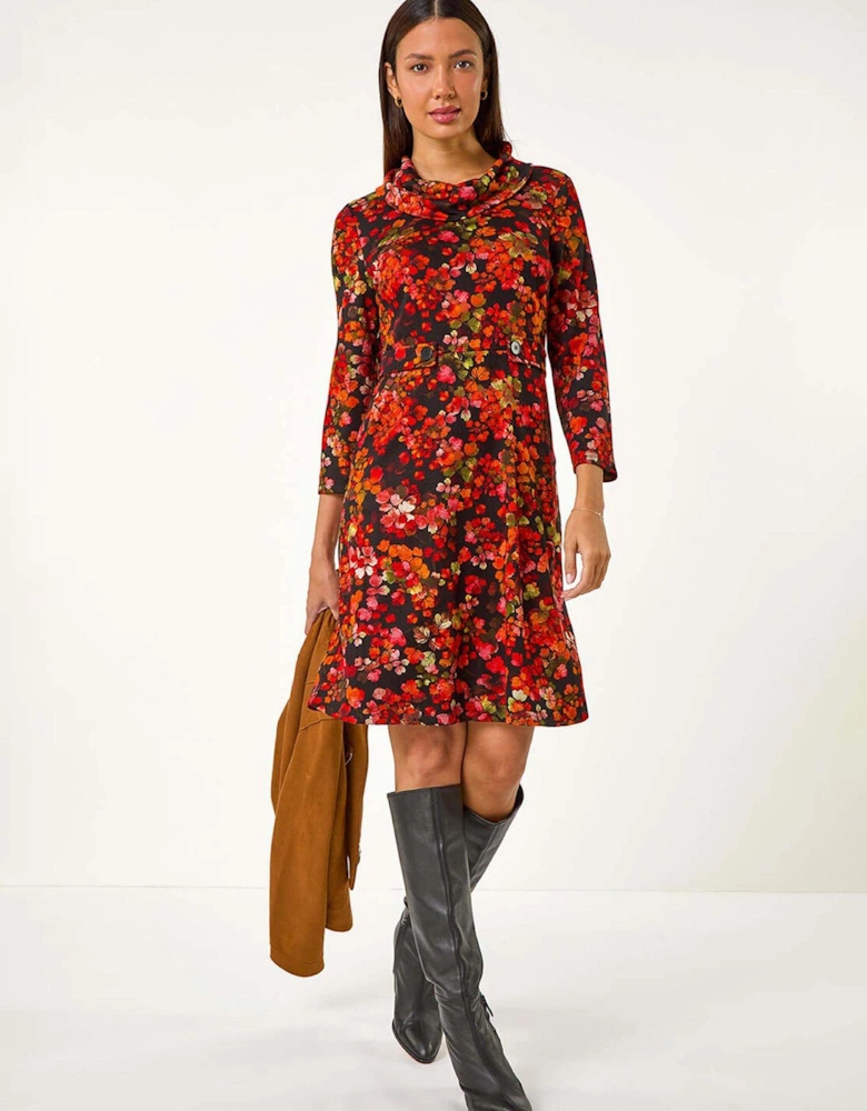 Leaf Print Cowl Neck Tab Detail Dress - Red