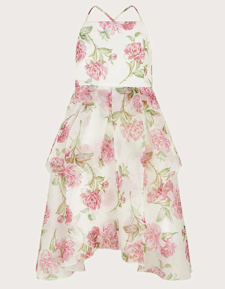 Girls Strappy Peony Print Organza Dress - Light Cream