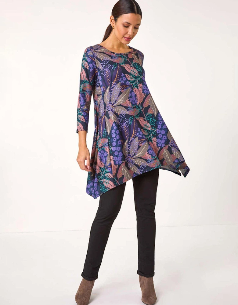 Floral Leaf Print Stretch Tunic - Purple