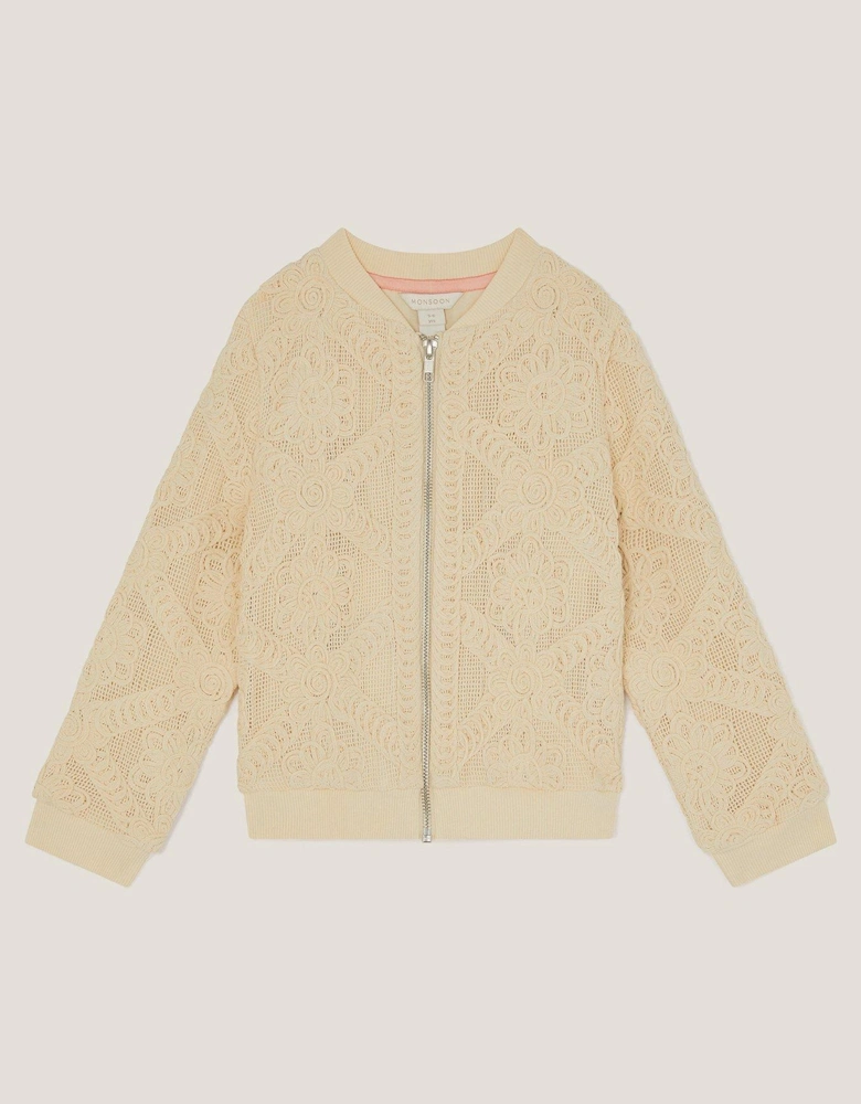 Girls Crochet Bomber Jacket - Cream