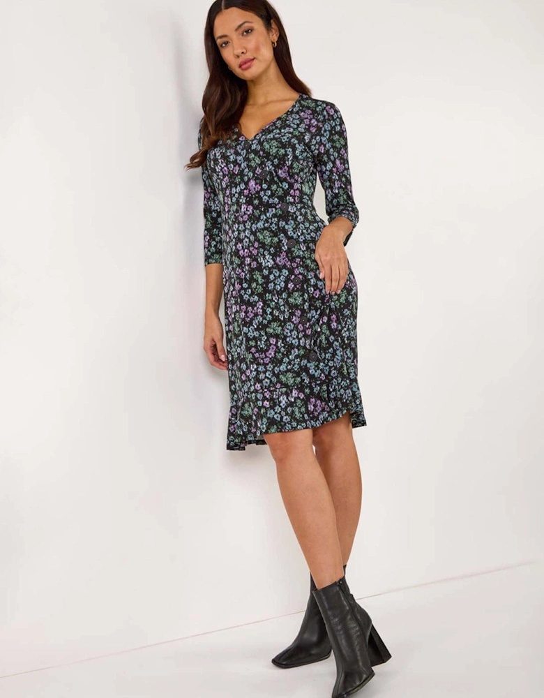 Floral Print Side Button Stretch Dress - Black