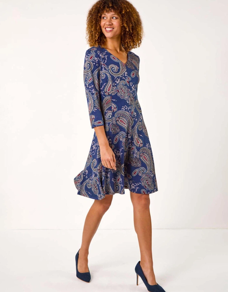 Paisley Print Panel Dress - Navy