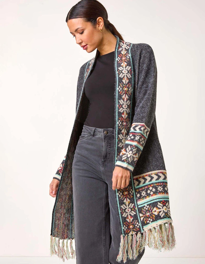 Nordic Pattern Fringe Hem Cardigan - Grey