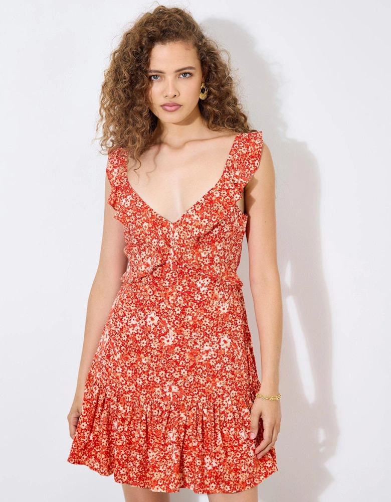 Viscose Voile Ditsy Print Dress - Red