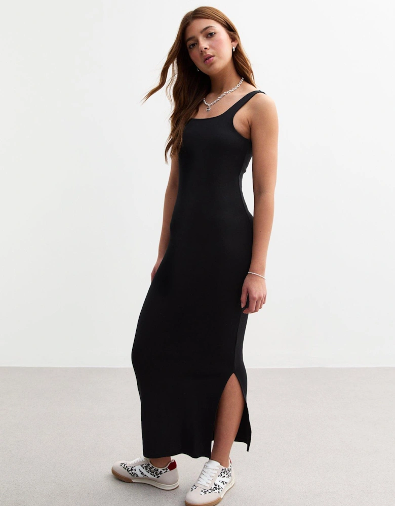 Girls Black Square Neck Slit Hem Maxi Dress