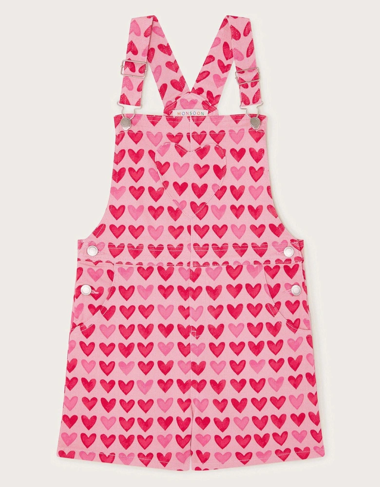 Girls Heart Print Short Dungarees - Pink