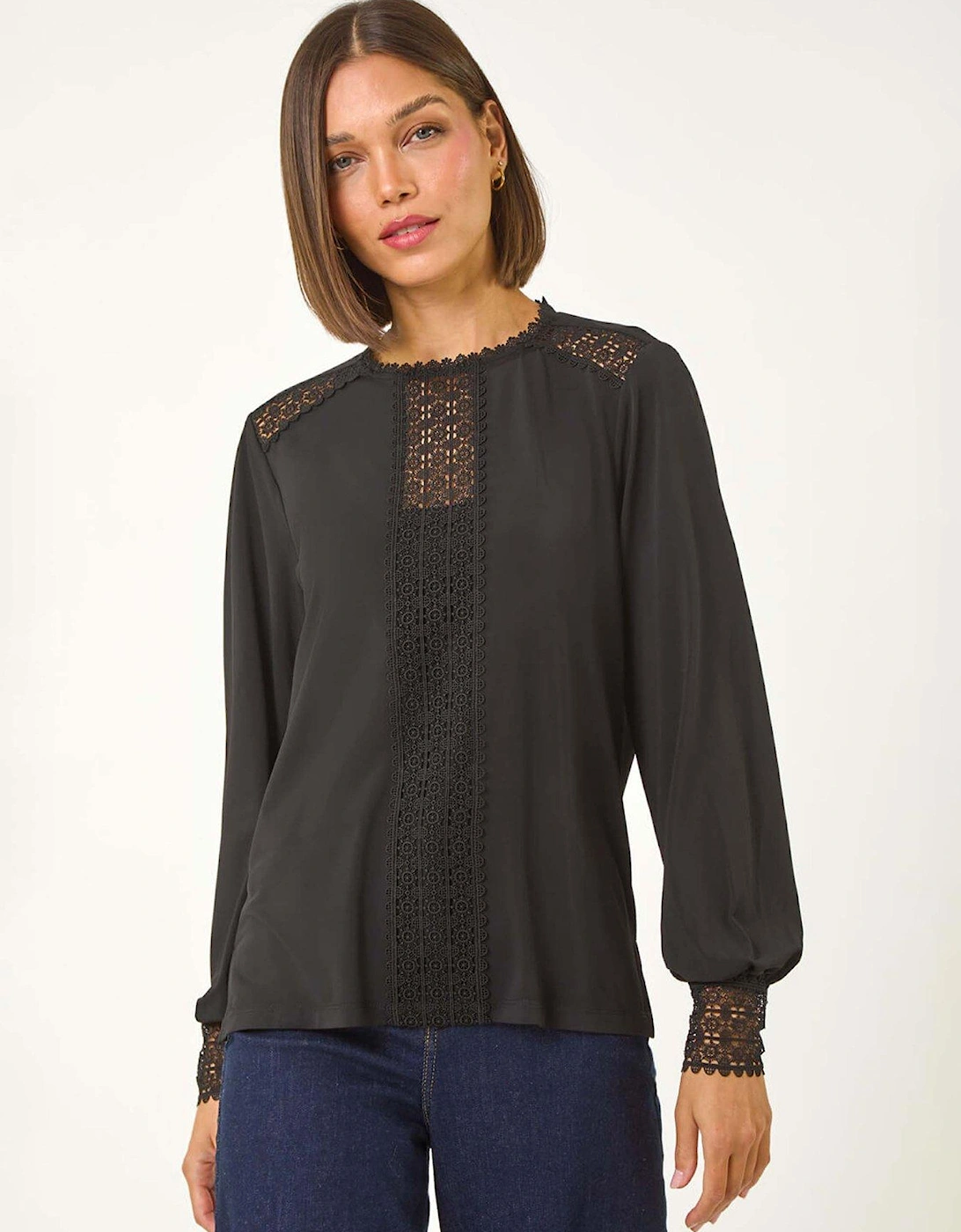 Lace Trim Detail Stretch Top - Black, 2 of 1